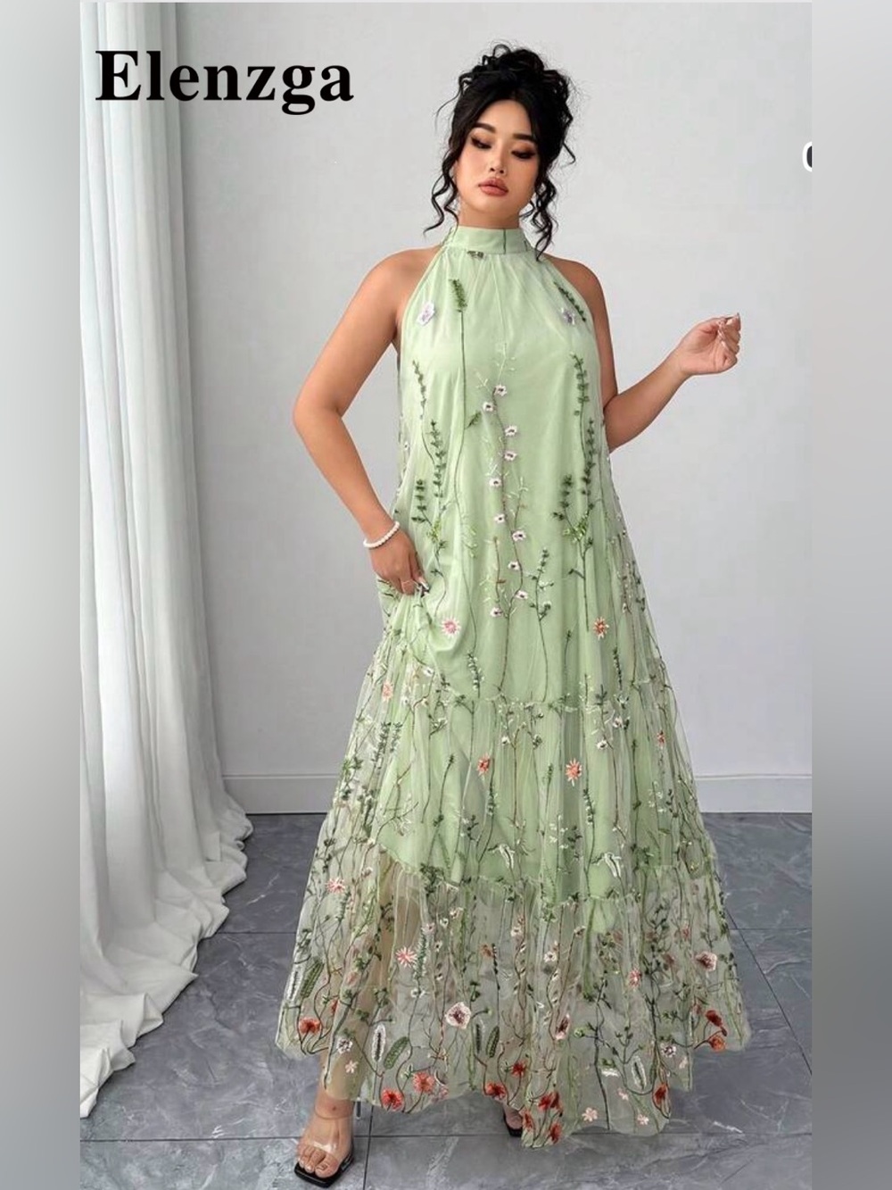 Beautiful and Elegant Women's Sage Green Embroidered Halter Maxi Dress